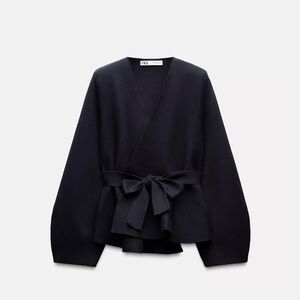 Zara NWT Navy Blue Belted Sweater Blazer